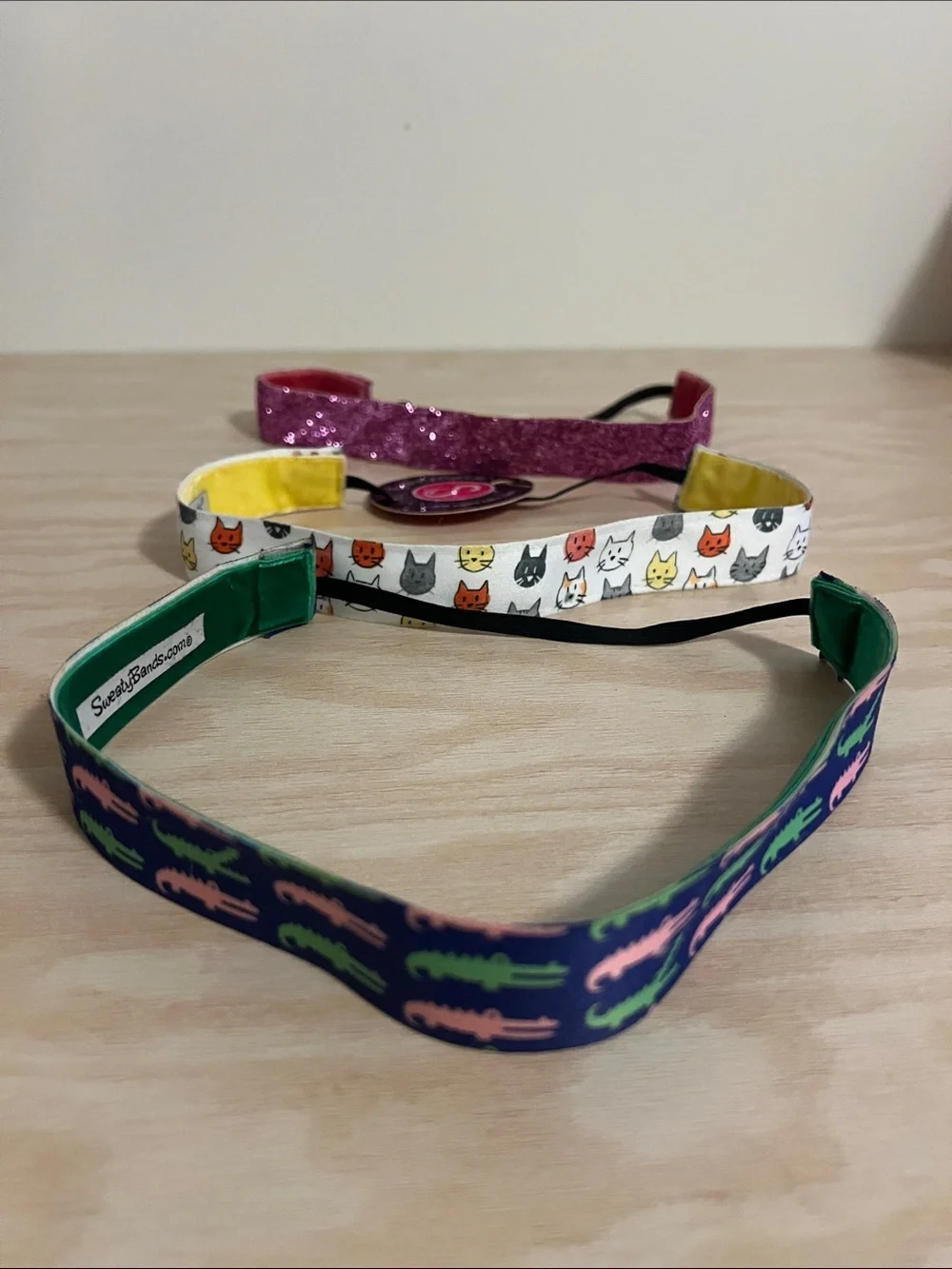 Stretch Hair Headband Set with Glitter Pink, Cat Print White & Navy Alligator